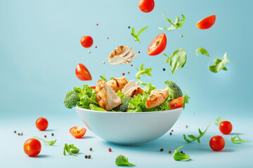 A vibrant image capturing a bowl of fresh salad with ingredients suspended mid-air, showcasing a healthy meal option