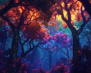 Trees with luminous leaves, casting neon glows on a forest of whispering shadows - obrazy, fototapety, plakaty