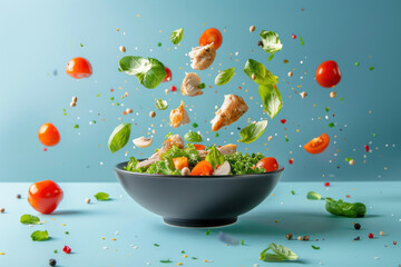Artistic composition of a vegetable salad with pieces of chicken, tomatoes, and herbs suspended in the air