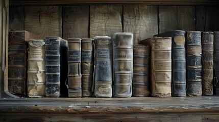 Time-worn volumes rest on a wooden shelf, each crease and fold a testament to their journey through history