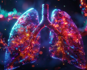 Lungs entangled in glowing neon fibers, depicting advanced pulmonary fibrosis - obrazy, fototapety, plakaty