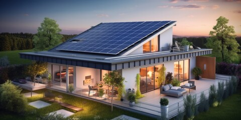 Modern house with solar panels on the roof.  Sun energy, Renewable Energies, photovoltaic solar panels, Renewable energy concept