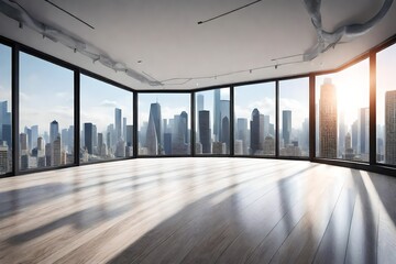 Empty loft unfurnished contemporary interior office with city skyline and buildings city from glass window