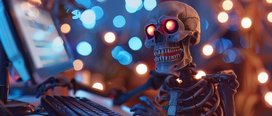 Redeyed skeleton typing furiously, surrounded by bokeh light orbs - obrazy, fototapety, plakaty