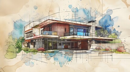 Watercolor sketch of a modern home, rendered on an old paper background resembling a vintage blueprint.