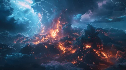 Photo sur Aluminium Blue nuit A dramatic and surreal landscape showcasing a violent clash between raging fire among mountains and intense lightning in a stormy sky.