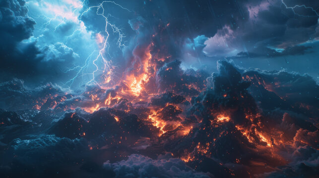 A dramatic and surreal landscape showcasing a violent clash between raging fire among mountains and intense lightning in a stormy sky.