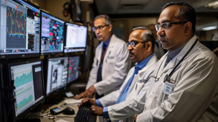 Three healthcare professionals intensely review critical data on multiple monitors in a hospital setting