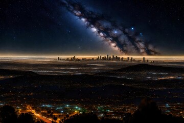 Beans of light in starry sky over los angeles