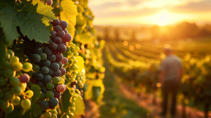 Lush grapevines teeming with colorful clusters of grapes at sunset, with a farmer surveying the vineyard in the background. - obrazy, fototapety, plakaty