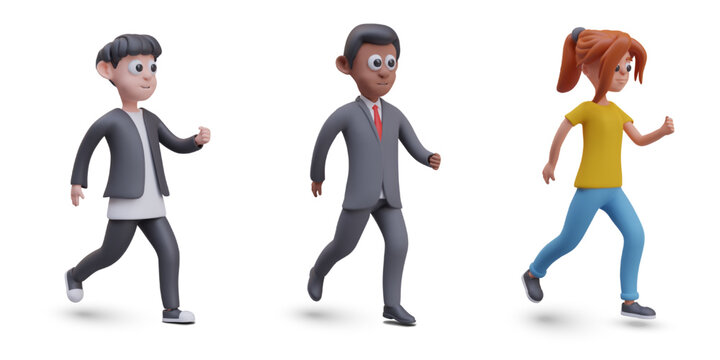 Set of vector characters on run. Realistic men and woman running, jogging