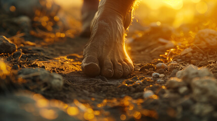 A close-up of a bare foot walking on dry soil, with the warm glow of the setting sun highlighting the textured ground. - obrazy, fototapety, plakaty