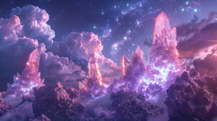 Fantasy landscape with sparkling crystals and clouds under a starry sky, conveying a magical and dreamlike atmosphere ideal for backgrounds or wallpapers - obrazy, fototapety, plakaty