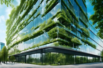 Eco-friendly building in the modern city. Sustainable glass office building with tree for reducing heat and carbon dioxide. Office building with green environment. Corporate building reduce CO2. .--  - obrazy, fototapety, plakaty