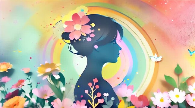 A silhouette of a woman adorned with spring flowers, set against a pastel rainbow and a gentle shower of petals and butterflies.
