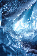 A mystical cave with gleaming blue icicles hanging from its ceiling and icy formations on the ground, bathed in soft ambient light creating a magical winter wonderland atmosphere.