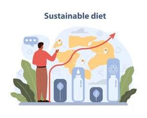 Sustainable Diet Concept. A man analyzes global food sustainability.