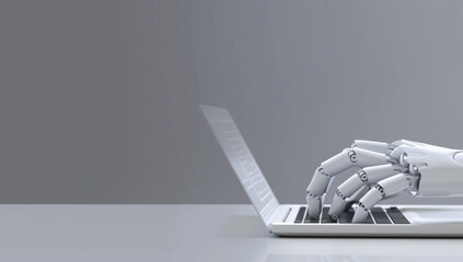 Futuristic Robot Hand Typing on Laptop: Tech Concept  - obrazy, fototapety, plakaty