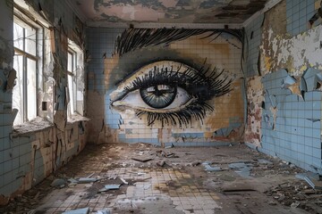 A room covered in graffiti with big eyes and eyelashes