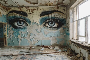 A room covered in graffiti with big eyes and eyelashes