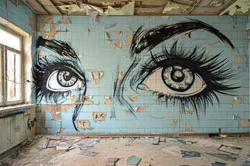 A room covered in graffiti with big eyes and eyelashes