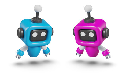 Obraz na płótnie Canvas Blue and pink mini bots are looking down. Set of cute droids for AI concepts, game scenes, ads