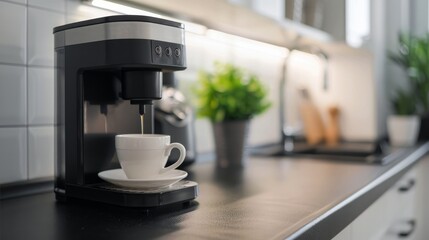 Modern coffee maker with a cup sitting on the kitchen counter. - obrazy, fototapety, plakaty