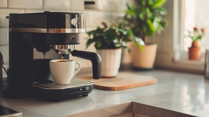 Modern coffee maker with a cup sitting on the kitchen counter.