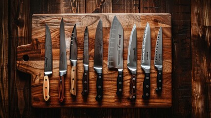Knives arranged on a cutting board, seen from above. - obrazy, fototapety, plakaty