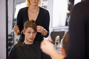Customer, styling and man in mirror with hairdresser for professional haircare, cut or luxury...