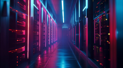 Neon-lit server racks in a data center room.