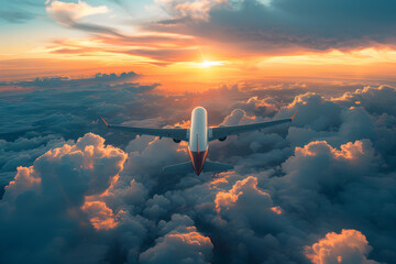 A dramatic sunset view of the sky and clouds from an airplane - obrazy, fototapety, plakaty