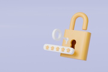 3d Yellow Padlock with password and key icon on isolated. Data protection, private access icon, password security access, privacy protection, personal information. Security concept. 3d rendering.