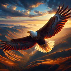 Eagle flying high above californian landscape, with warm sunlight, wings spread in power, bold painting art - obrazy, fototapety, plakaty