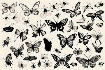 Set of butterflies, ink silhouettes. Glowworms, fireflies and butterflies icons isolated on white background. Hand drawn elements, Vector illustration.