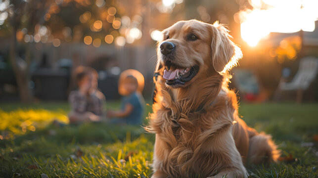 A loyal dog, with a family playing in the backyard as the background, during a joyous gathering