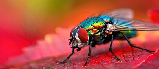 A detailed view of a fly perched on a green leaf, contrasted against a red background. The flys intricate features and the texture of the leaf are clearly visible in the shot. - Powered by Adobe