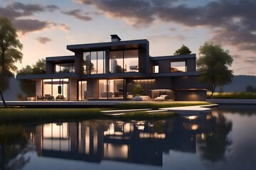 3d rendering of modern house by the river at evening-