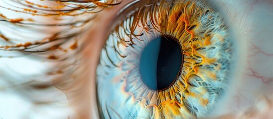 A detailed close-up view of a human eye with a vibrant blue color and a striking yellow iris. The intricate details of the iris and pupil are highlighted in this macro photograph, captured in - obrazy, fototapety, plakaty