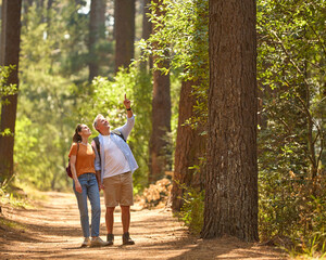 Senior Man Pointing As Retired Couple Hold Hands And Hike Along Trail In Countryside - 768621556