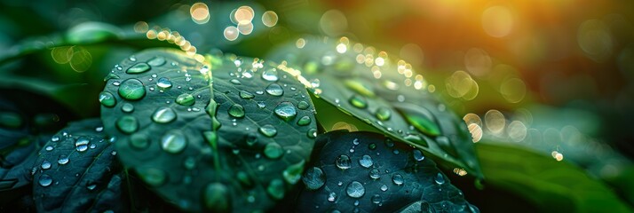 Large beautiful drop of transparent rain water on green leaf macro. Drops of dew in morning glow in sun. Beautiful leaf texture in nature. - 768621572