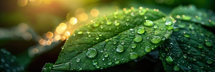 Large beautiful drop of transparent rain water on green leaf macro. Drops of dew in morning glow in sun. Beautiful leaf texture in nature. - 768621588