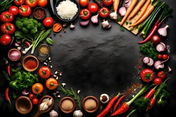 Food frame. Food cooking background on black stone table. Fresh vegetables, herbs and spices.