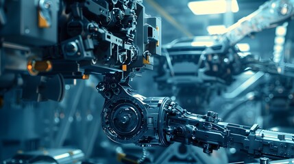 Robot Arm Orchestrating Automotive Production A Futuristic Noir Industrial Assemblage