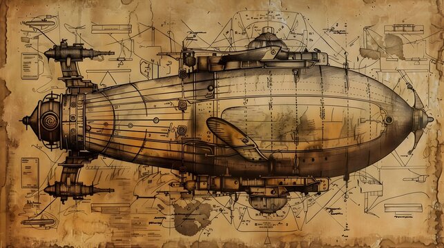 Steampunk Airship Design Blueprint on Aged Parchment - Jules Verne Inspired Vintage Art