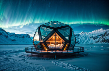 transparent igloo with a bed inside, placed on a snowy surface. The igloo is under the Northern Lights. - 768622350