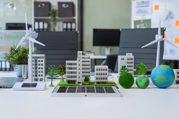model building at company office working technology, Renewable energy-based green businesses and...