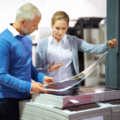 Warehouse, communication and business people with paper in printing industry, factory and creative...