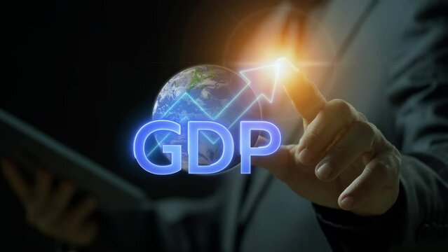 GDP Growth concept. domestic financial growth charts, global economy, national budgets, GDP, gross domestic product. Businessman showing animation of GDP sign with up arrow graph and chart.