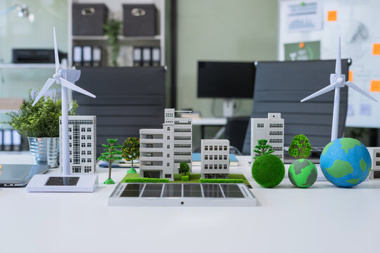 model building at company office working technology, Renewable energy-based green businesses and global warming.